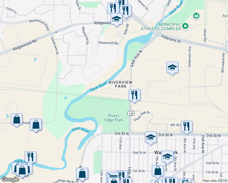 map of restaurants, bars, coffee shops, grocery stores, and more near 519 54th Avenue North in St. Cloud