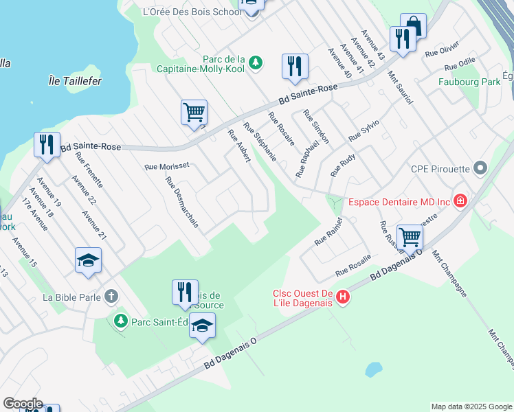 map of restaurants, bars, coffee shops, grocery stores, and more near 3809 Rue Gaston-Miron in Laval