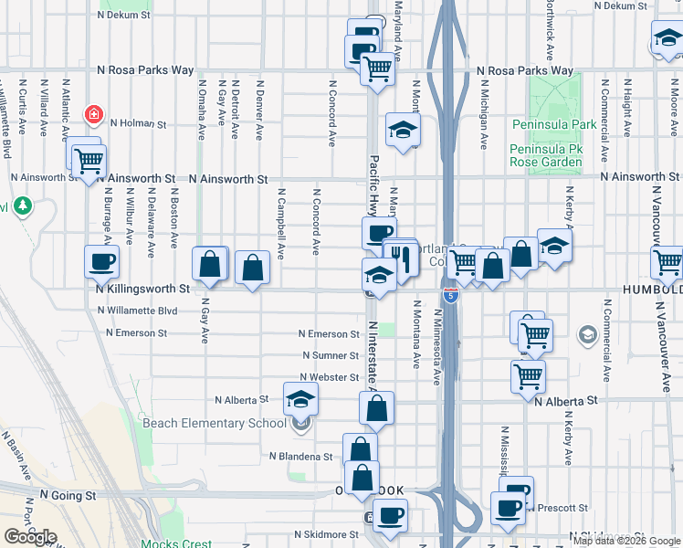 map of restaurants, bars, coffee shops, grocery stores, and more near 1606 North Church Street in Portland