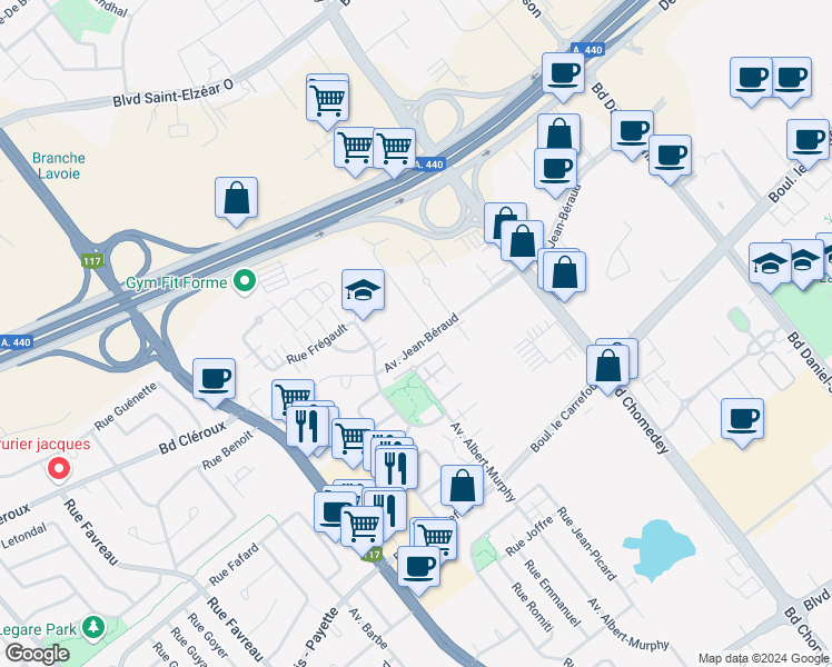 map of restaurants, bars, coffee shops, grocery stores, and more near 3695 Avenue Jean-Béraud in Laval