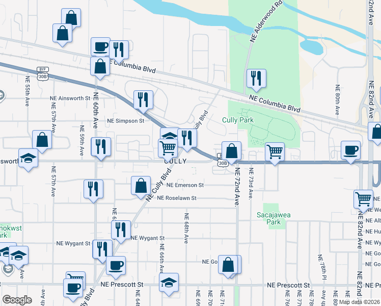 map of restaurants, bars, coffee shops, grocery stores, and more near 6723 Northeast Killingsworth Street in Portland