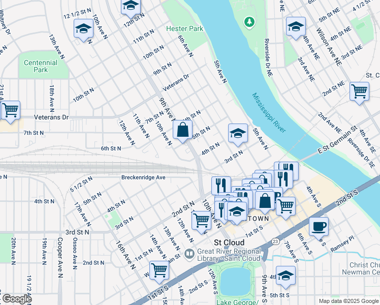 map of restaurants, bars, coffee shops, grocery stores, and more near 413 9th Avenue North in St. Cloud