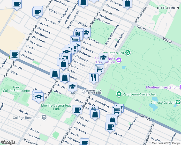 map of restaurants, bars, coffee shops, grocery stores, and more near 4304 Rue de Bellechasse in Montréal