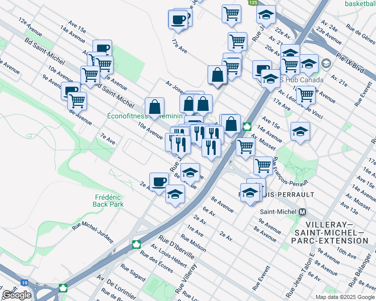 map of restaurants, bars, coffee shops, grocery stores, and more near 3210 Rue Jarry Est in Montréal