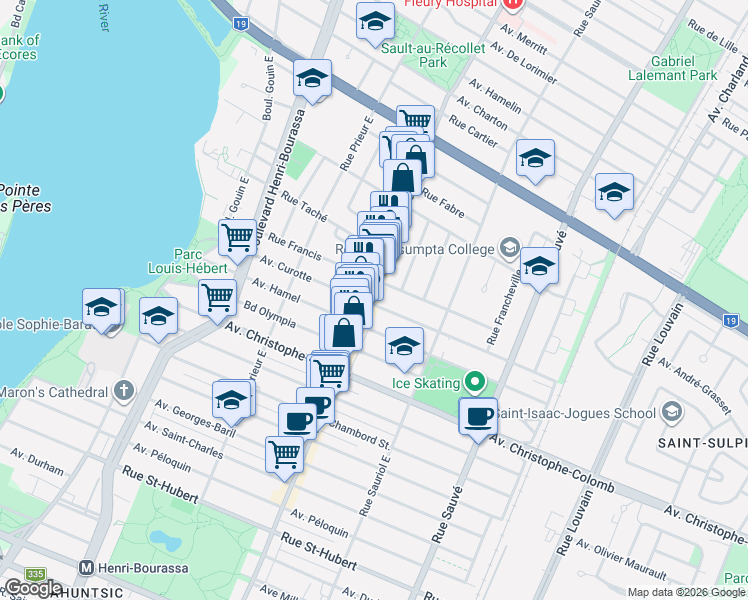 map of restaurants, bars, coffee shops, grocery stores, and more near 1558 Rue Fleury Est in Montréal