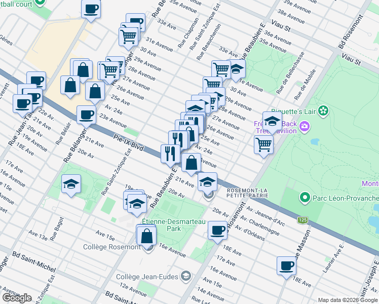 map of restaurants, bars, coffee shops, grocery stores, and more near 4212 Rue Beaubien Est in Montréal