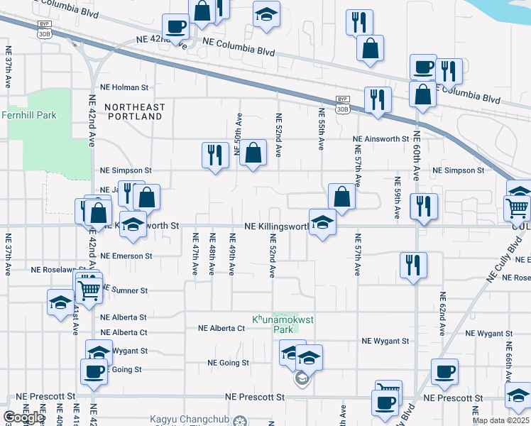 map of restaurants, bars, coffee shops, grocery stores, and more near 5120 Northeast Jarrett Street in Portland