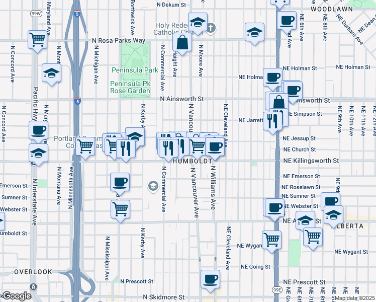 map of restaurants, bars, coffee shops, grocery stores, and more near 5712 North Vancouver Avenue in Portland