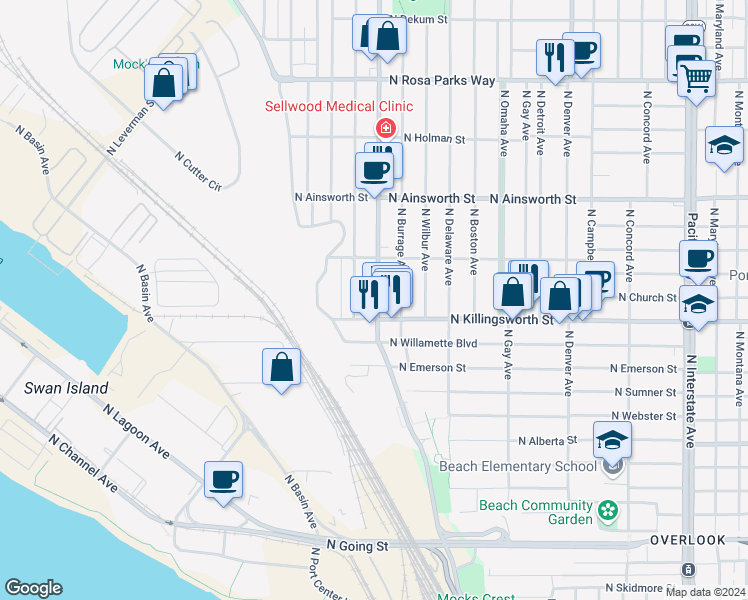 map of restaurants, bars, coffee shops, grocery stores, and more near 5628 North Greeley Avenue in Portland
