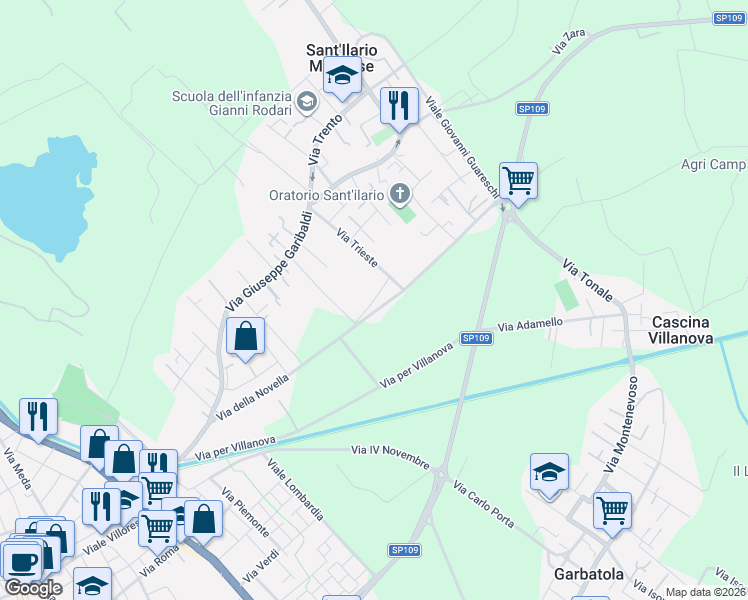 map of restaurants, bars, coffee shops, grocery stores, and more near 32 Via Trieste in Città metropolitana di Milano