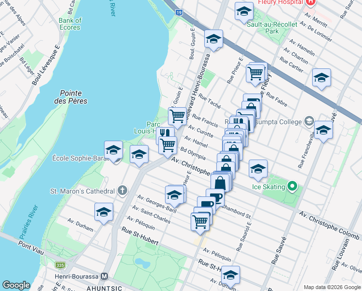map of restaurants, bars, coffee shops, grocery stores, and more near 10595 Boulevard Olympia in Montreal