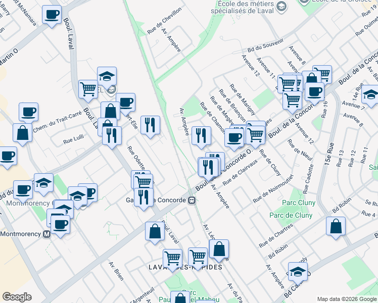 map of restaurants, bars, coffee shops, grocery stores, and more near 590 Avenue Ampère in Laval