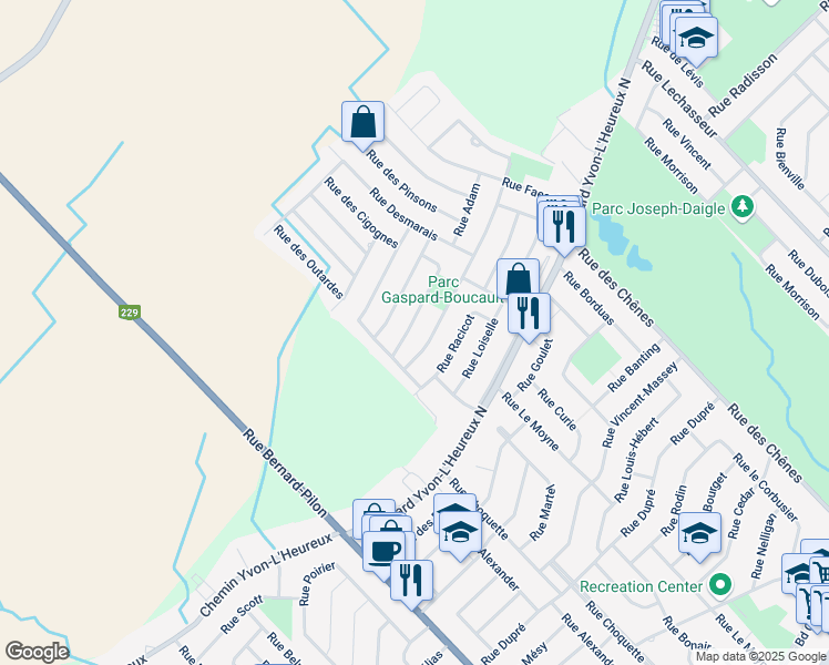 map of restaurants, bars, coffee shops, grocery stores, and more near 211 Rue Demers in Beloeil