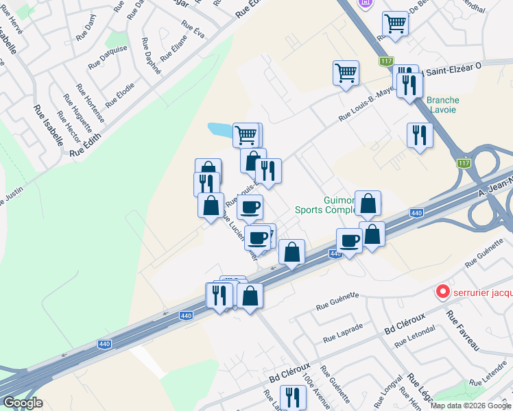 map of restaurants, bars, coffee shops, grocery stores, and more near 4744 Rue Louis-B.-Mayer in Laval
