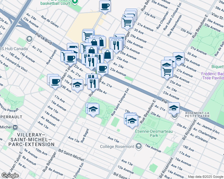 map of restaurants, bars, coffee shops, grocery stores, and more near 6800 21e Avenue in Montréal
