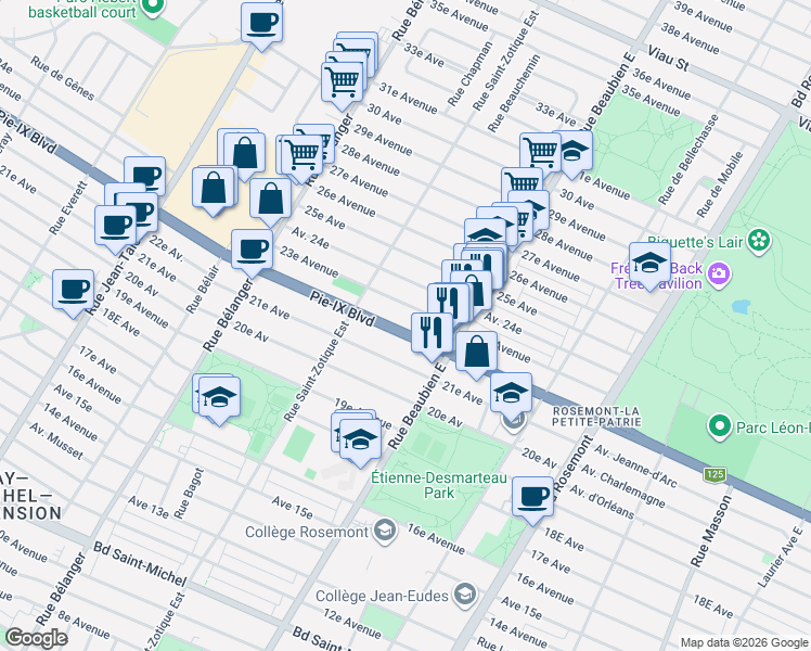 map of restaurants, bars, coffee shops, grocery stores, and more near 6615 Boulevard Pie-IX in Montréal