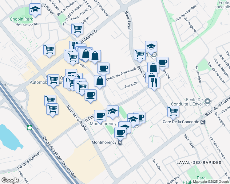 map of restaurants, bars, coffee shops, grocery stores, and more near 1645 Boulevard du Souvenir in Laval