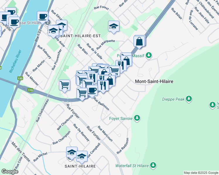 map of restaurants, bars, coffee shops, grocery stores, and more near 414 Boulevard Sir-Wilfrid-Laurier in Mont-Saint-Hilaire