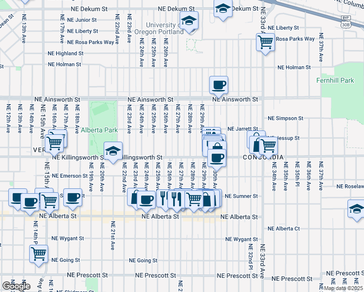 map of restaurants, bars, coffee shops, grocery stores, and more near 5715 Northeast 27th Avenue in Portland