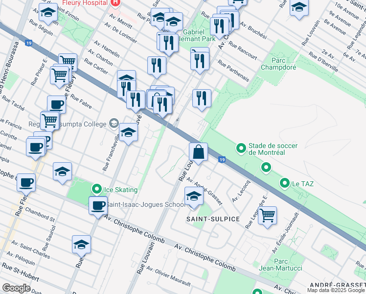 map of restaurants, bars, coffee shops, grocery stores, and more near 1490 Rue Antoine Déat in Montréal