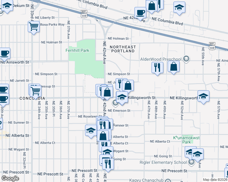 map of restaurants, bars, coffee shops, grocery stores, and more near 5600 Northeast 42nd Avenue in Portland