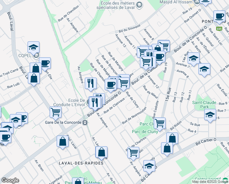map of restaurants, bars, coffee shops, grocery stores, and more near in Laval