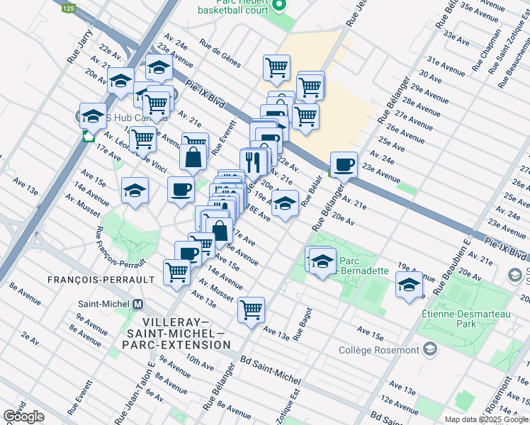 map of restaurants, bars, coffee shops, grocery stores, and more near 7113 18e Avenue in Montréal