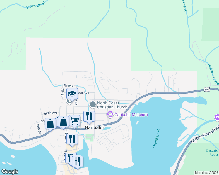map of restaurants, bars, coffee shops, grocery stores, and more near 607 2nd Street in Garibaldi