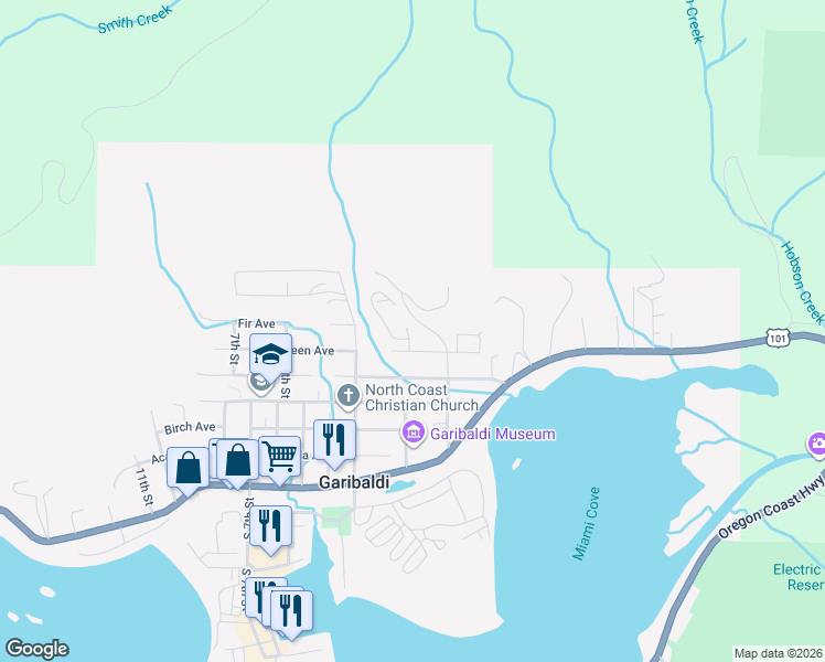 map of restaurants, bars, coffee shops, grocery stores, and more near 606 2nd Street in Garibaldi