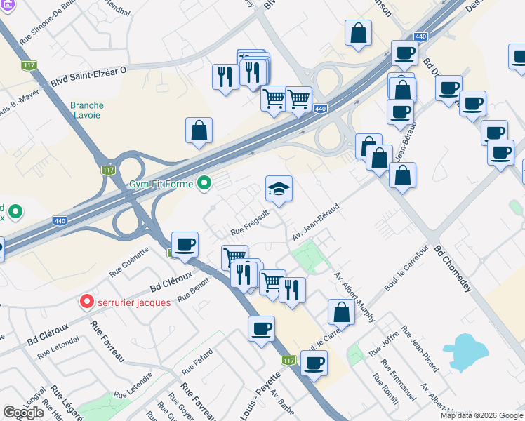 map of restaurants, bars, coffee shops, grocery stores, and more near 2665 Rue Frégault in Laval