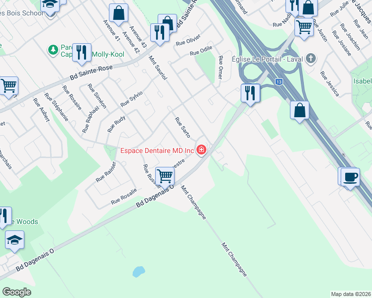 map of restaurants, bars, coffee shops, grocery stores, and more near 673 Rue Sabrina in Laval