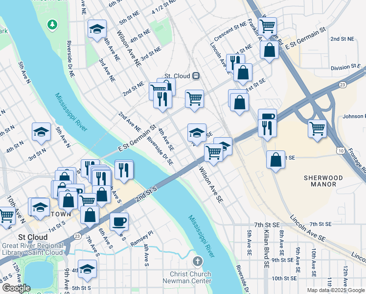 map of restaurants, bars, coffee shops, grocery stores, and more near 107 Wilson Avenue Northeast in St. Cloud
