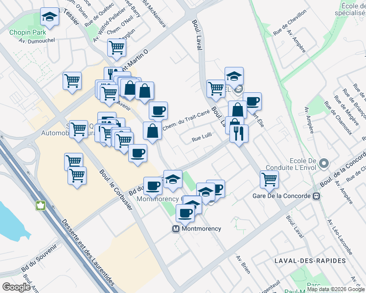 map of restaurants, bars, coffee shops, grocery stores, and more near 374 Rue Lulli in Laval