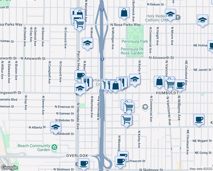 map of restaurants, bars, coffee shops, grocery stores, and more near 1014 North Jessup Street in Portland