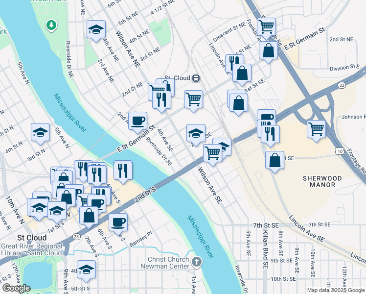 map of restaurants, bars, coffee shops, grocery stores, and more near 107 Wilson Avenue Northeast in St. Cloud