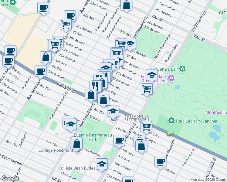 map of restaurants, bars, coffee shops, grocery stores, and more near 6363 Avenue 24e in Montréal