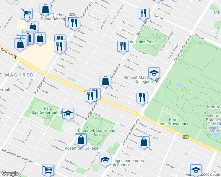 map of restaurants, bars, coffee shops, grocery stores, and more near 6410 24e Avenue in Montréal