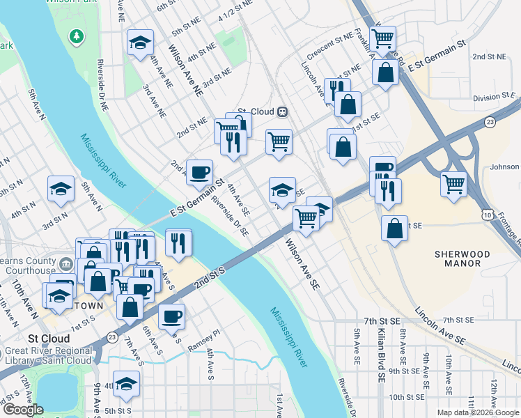 map of restaurants, bars, coffee shops, grocery stores, and more near 107 Wilson Avenue Northeast in St. Cloud
