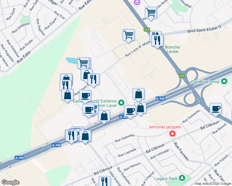 map of restaurants, bars, coffee shops, grocery stores, and more near 2976 Rue Joseph-A.-Bombardier in Laval