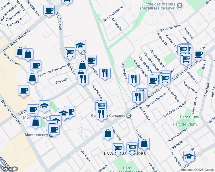 map of restaurants, bars, coffee shops, grocery stores, and more near 575 Rue Robert-Élie in Laval