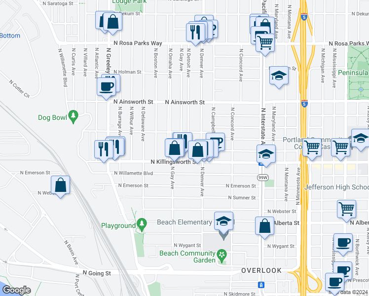map of restaurants, bars, coffee shops, grocery stores, and more near 5555 North Detroit Avenue in Portland