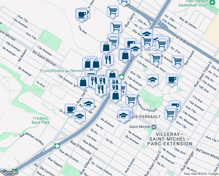 map of restaurants, bars, coffee shops, grocery stores, and more near 3301 Boulevard Crémazie Est in Montréal