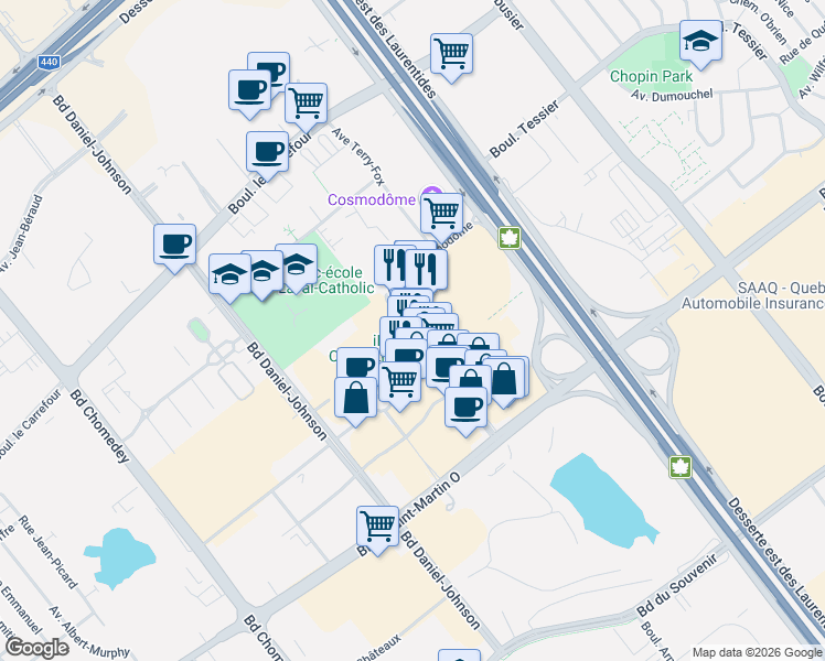 map of restaurants, bars, coffee shops, grocery stores, and more near 4140 Place Courteau in Laval