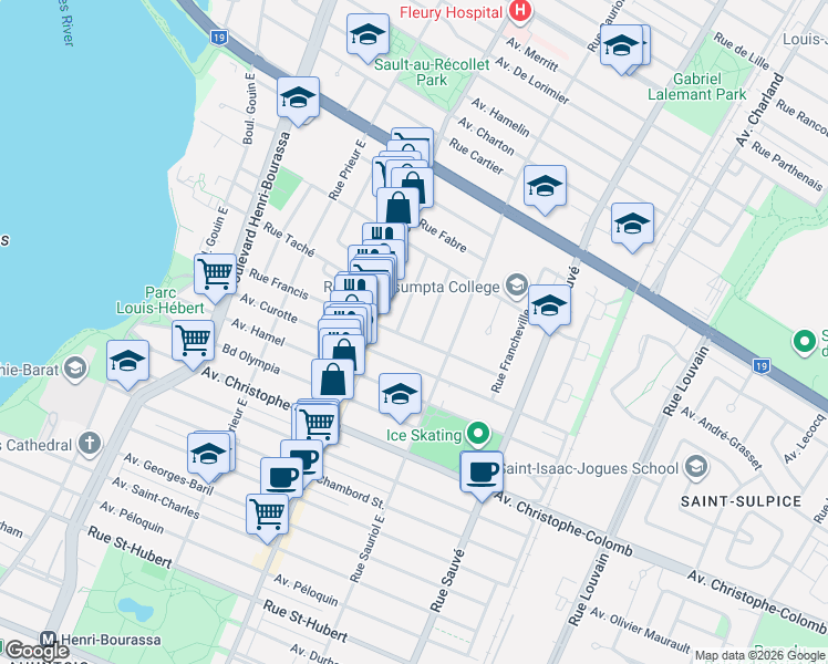 map of restaurants, bars, coffee shops, grocery stores, and more near 10195 Rue Francis in Montréal