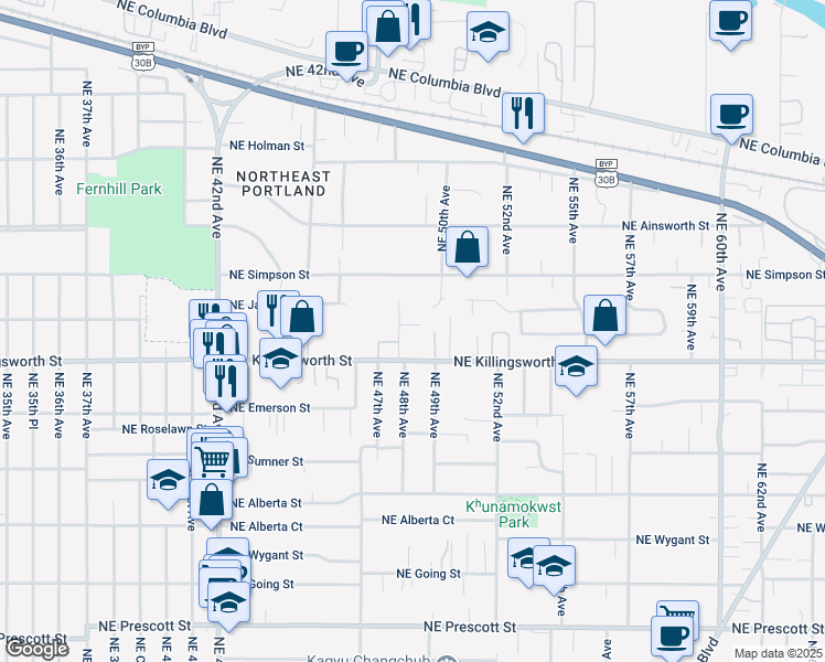 map of restaurants, bars, coffee shops, grocery stores, and more near 4818 Northeast Church Street in Portland