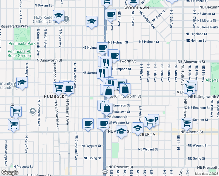 map of restaurants, bars, coffee shops, grocery stores, and more near 5630 Northeast Martin Luther King Junior Boulevard in Portland