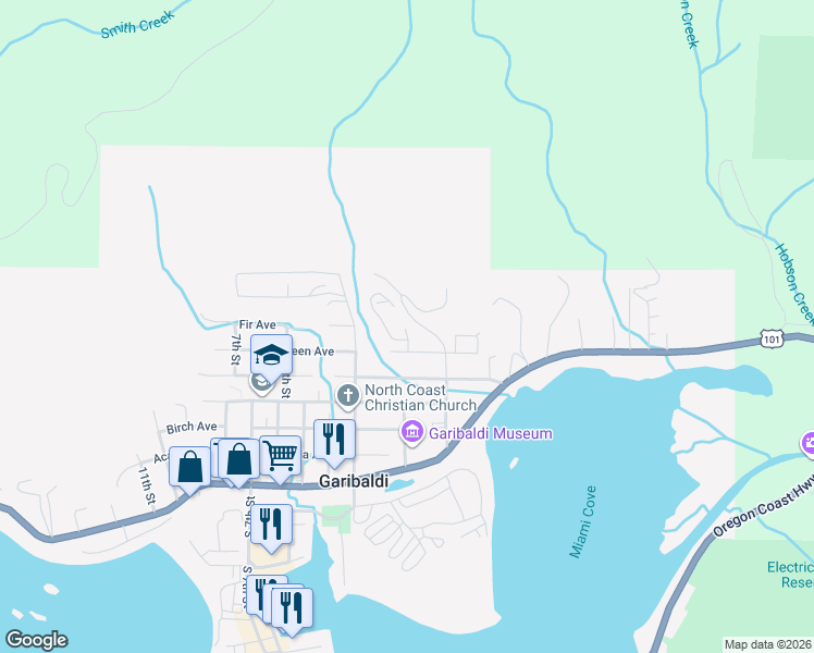 map of restaurants, bars, coffee shops, grocery stores, and more near 607 2nd Street in Garibaldi