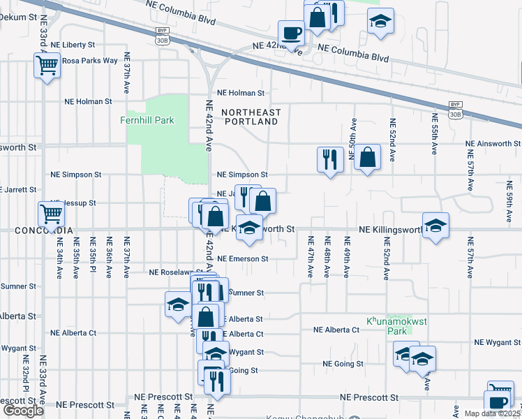 map of restaurants, bars, coffee shops, grocery stores, and more near 4418 Northeast Jarrett Street in Portland