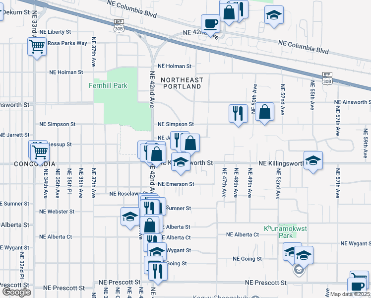 map of restaurants, bars, coffee shops, grocery stores, and more near 4418 Northeast Jarrett Street in Portland