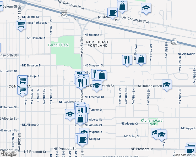 map of restaurants, bars, coffee shops, grocery stores, and more near 4418 Northeast Jarrett Street in Portland